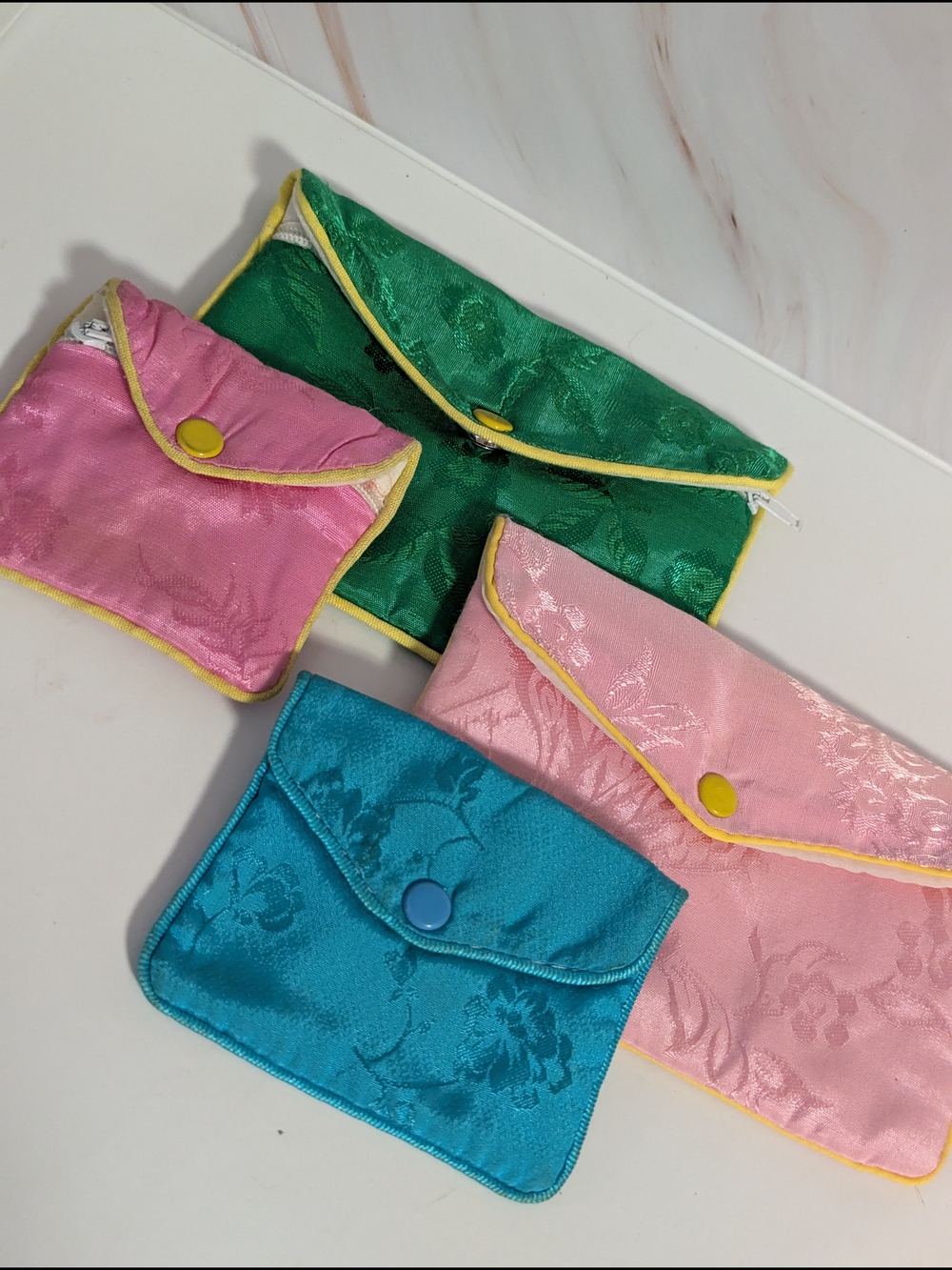 Silk Jacquard Multi-Color Zip & Snap Pouch Set - Pink, Green, Turquoise